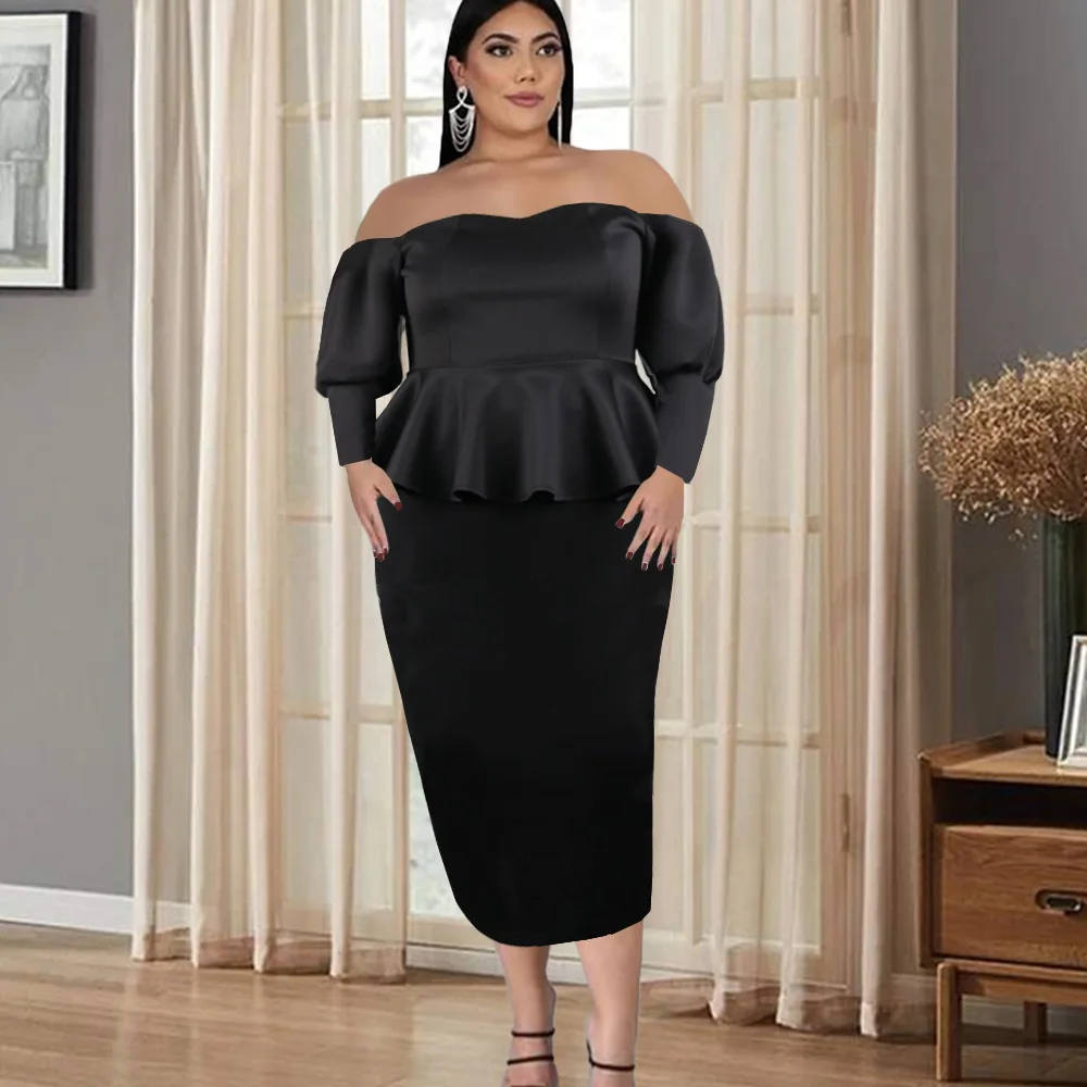 

Two Piece Sets Black Tracksuits Sexy Slash Neck Women 2022 Ruffle Suits Curve Female Skirt Long Elegant Evening Blouse