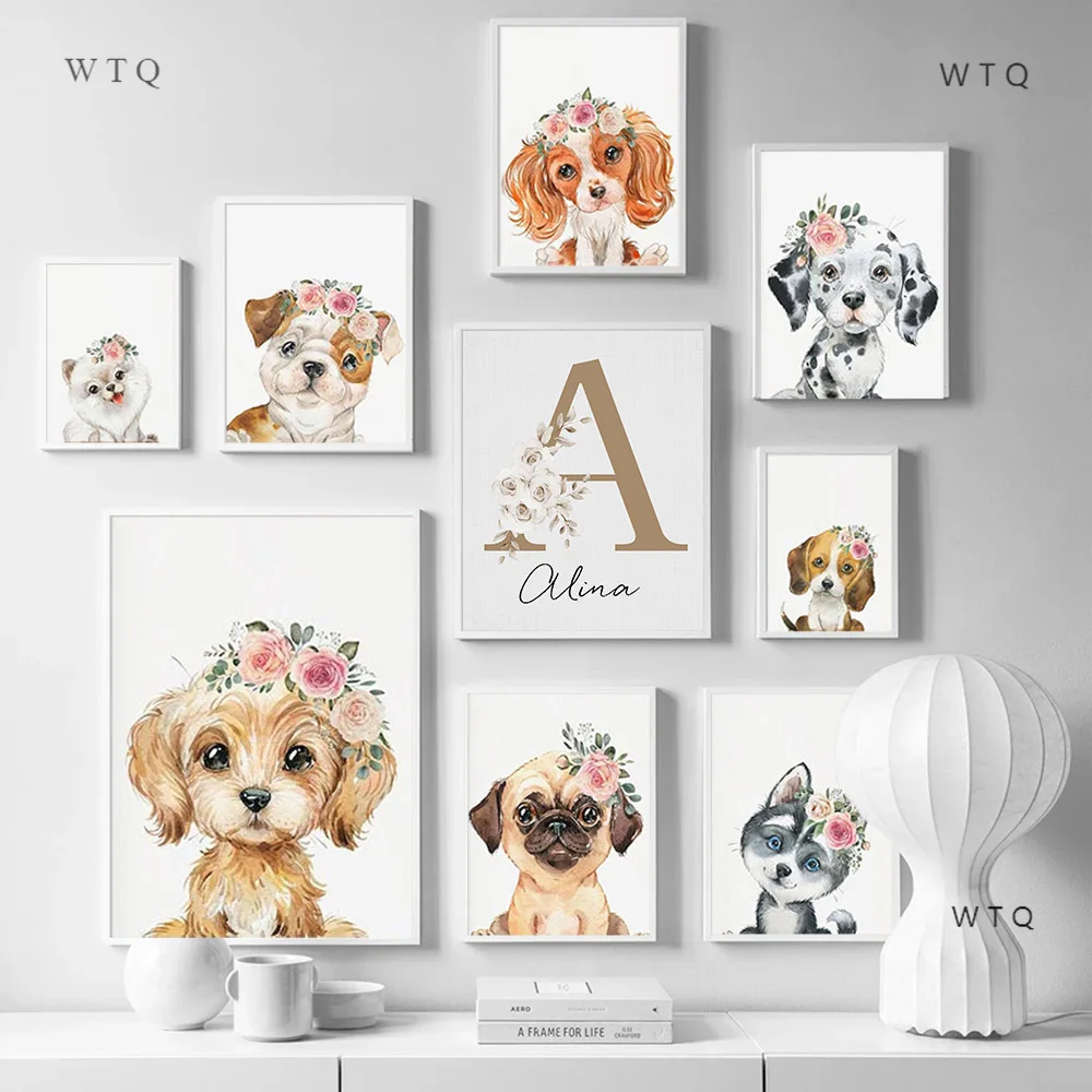 Картина на холсте с именем под заказ детская комната планшетофон принтом щенка