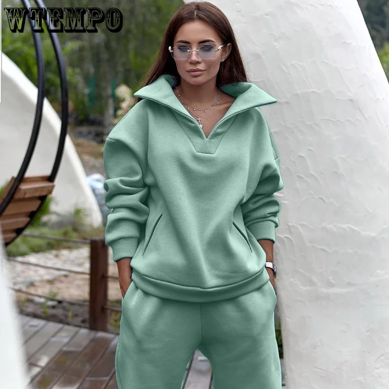 

Женский однотонный спортивный костюм WTEMPO, повседневный комплект из двух предметов, свитшот на молнии и длинные штаны, теплый спортивный кос...