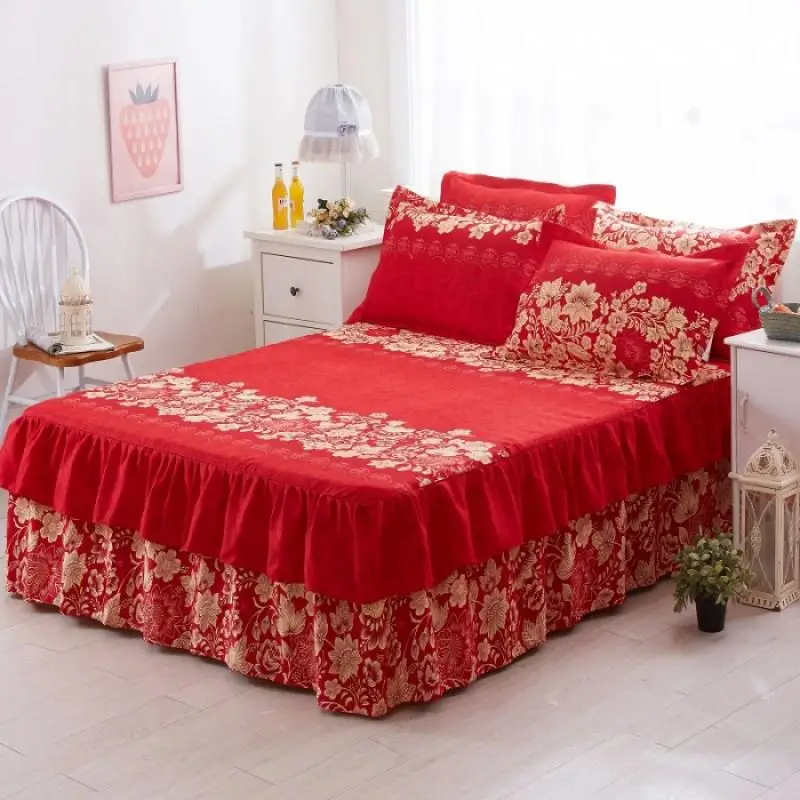 NEW 3PC Wedding Bedskirt WithPillowcase For Four Seasons Bedspread Bedroom Fitted Sheet Cover Soft Non-Slip King Queen Bed Skirt