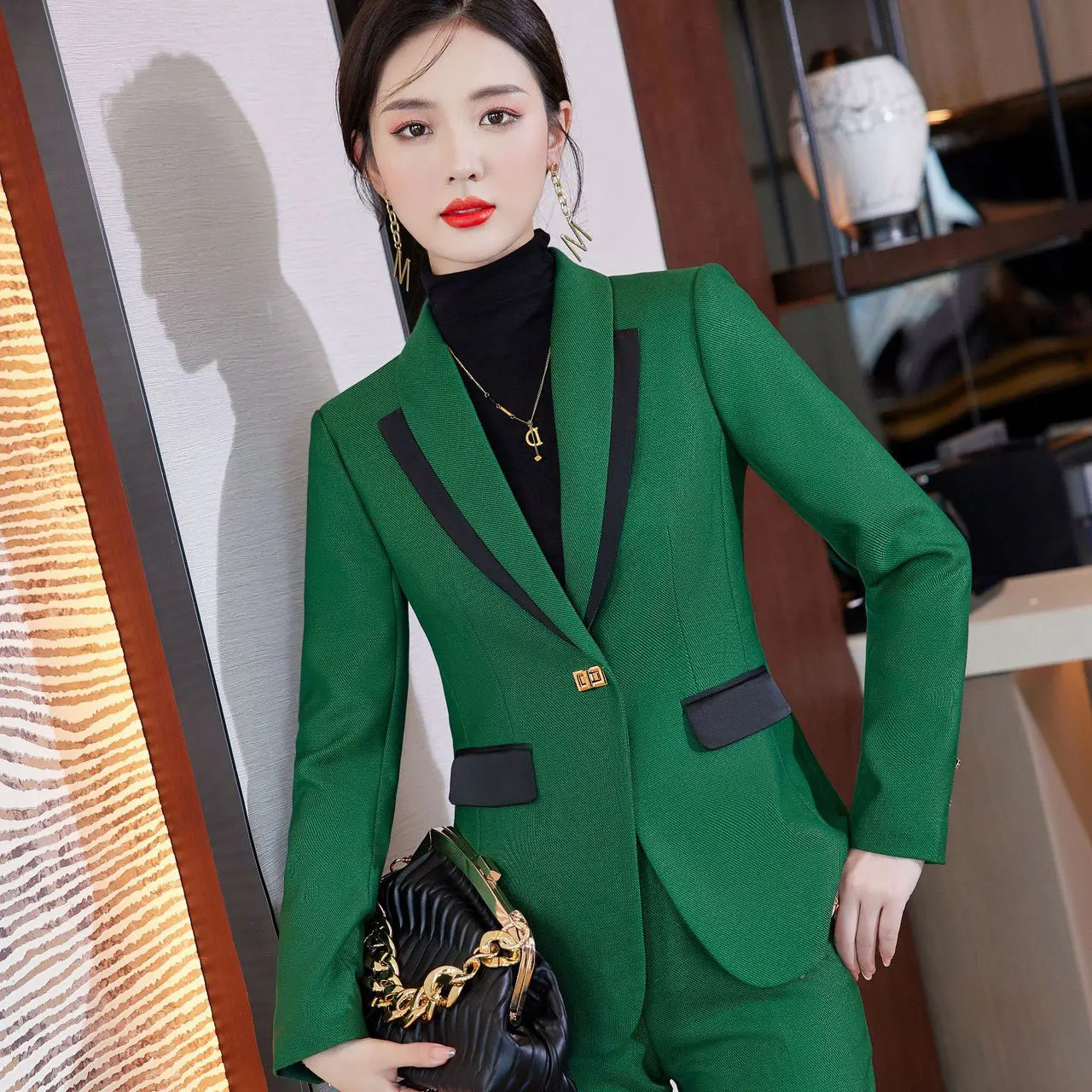 IZICFLY New Autumn Winter Slim Patchwork Office Blazer And Pant Sets Business Work Suits For Women Two Piece Outfits Green
