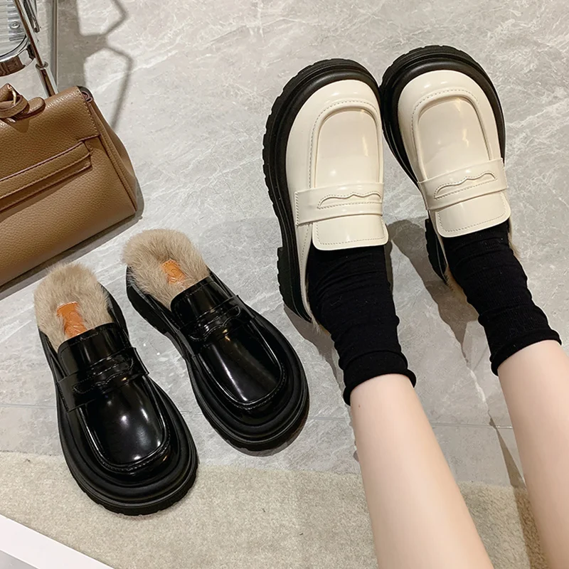 

Shoes Plush Slippers For Adults Female Mule Med Slides Slipers Women Heeled Mules Cover Toe Platform Fur 2022 High Flat PU Fabri