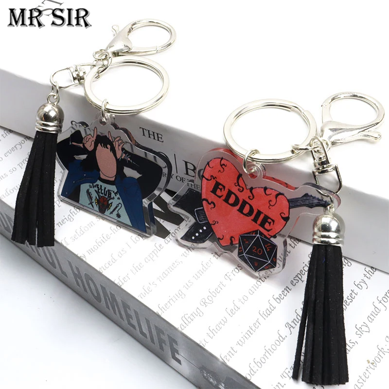 

Hellfire Club Stranger Leather Tassel Keychain Eddie Munson Figure Hot American Dramas Acrylic Funny Keyring Hook Jewelry Gifts