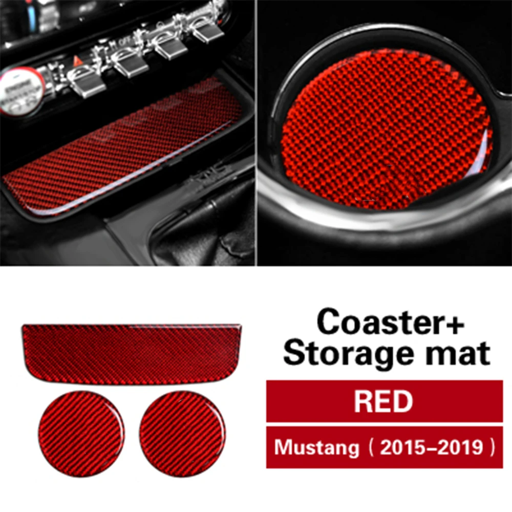 

3PCS Carbon Fiber Red Storage Box Holder Panel Sticker Trim Strip Water Drink Cover Board For Ford Mustang 2015-2019