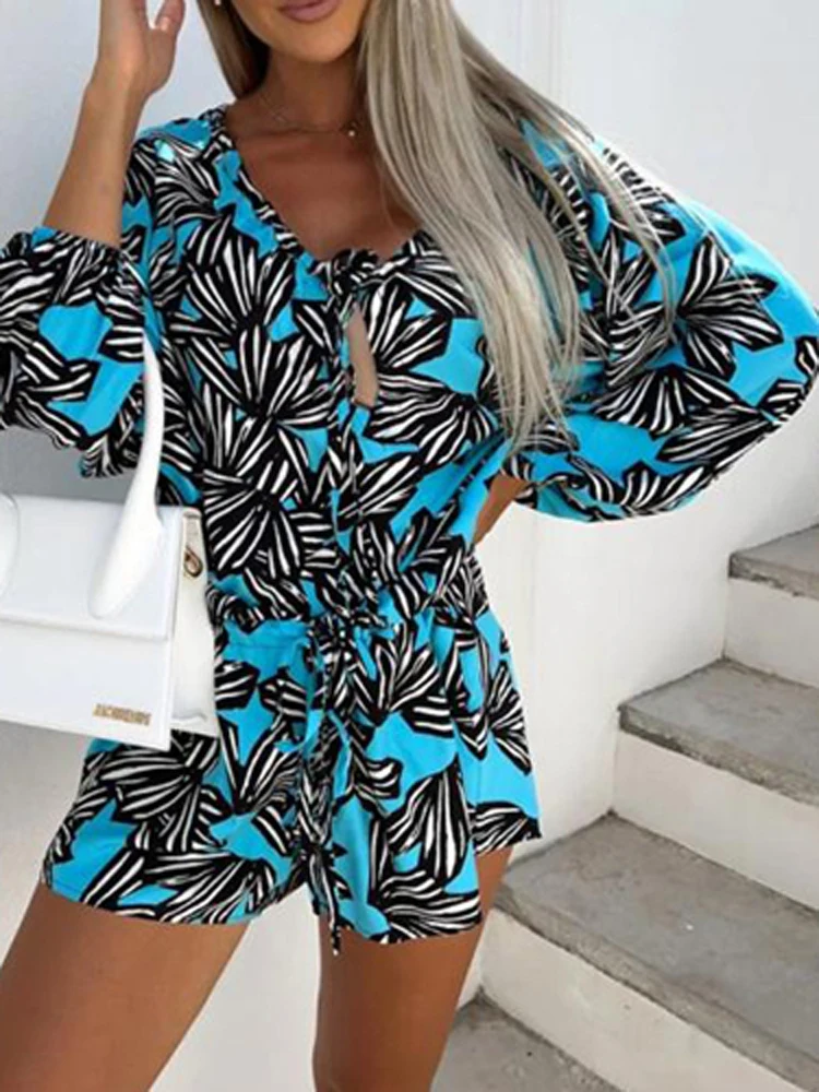 

Fashion Lapel Button Lace-up Office Overalls Elegant Pattern Print Long Sleeve Shirt Rompers Spring Casual Beach Short Jumpsuits