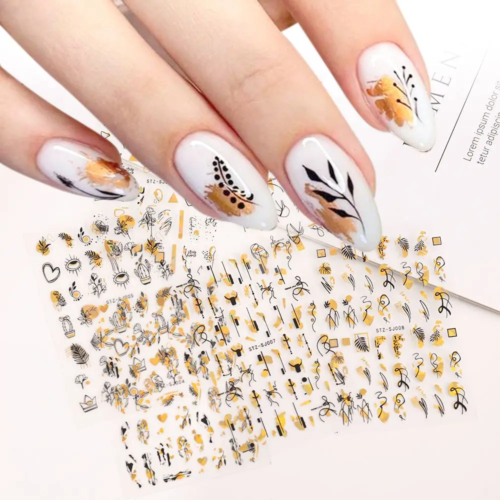 

3D Holographic Rose Gold Nail Design Abstract Line Geometry French Manicure Decals Nail Art Sticker