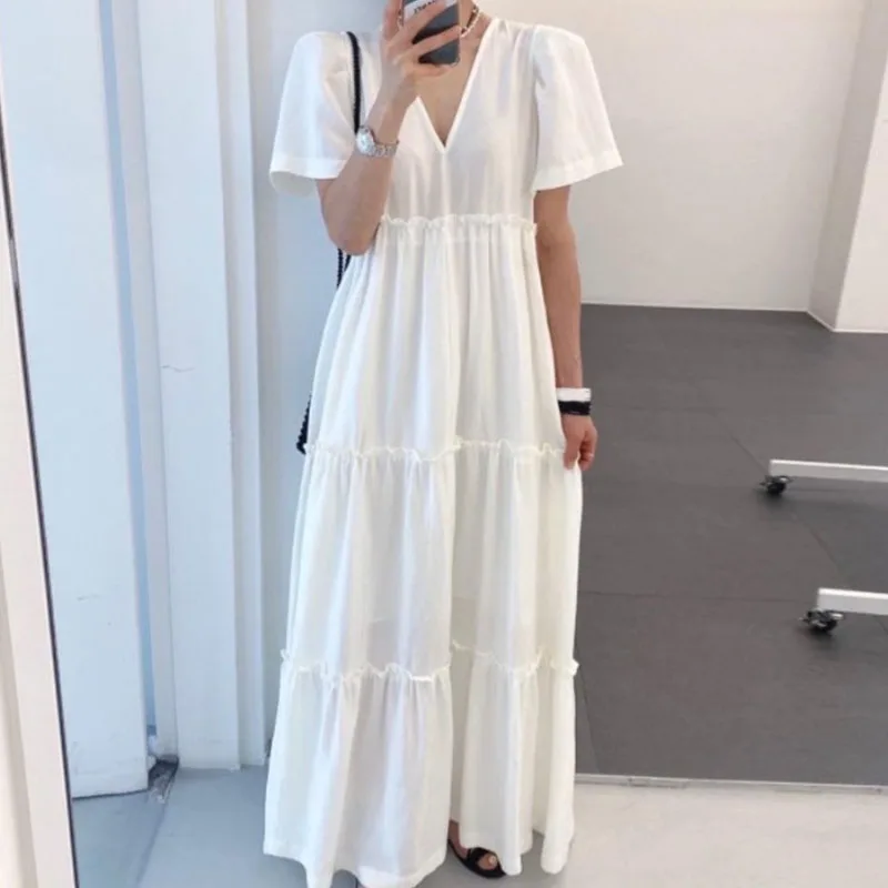 

SuperAen 2022 Summer Solid V-neck Waist Fold Loose Puff Sleeve A Line Casual Flounce Dresses for Women