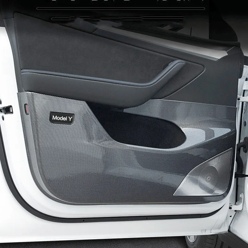 Adecuado para Tesla Model Y Modelo 3, placa de patada para puerta, cubierta de bocina, almohadilla protectora, accesorios interiores modificados