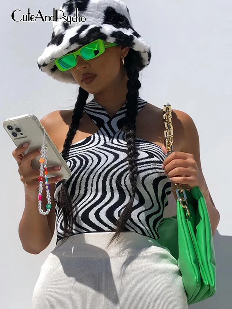 Cuteandpsyy2k эстетический принт зебры вязаный кроп-КАМИС волнистый сексуальный Летний милый топ с открытыми плечами модные элегантные женские р...