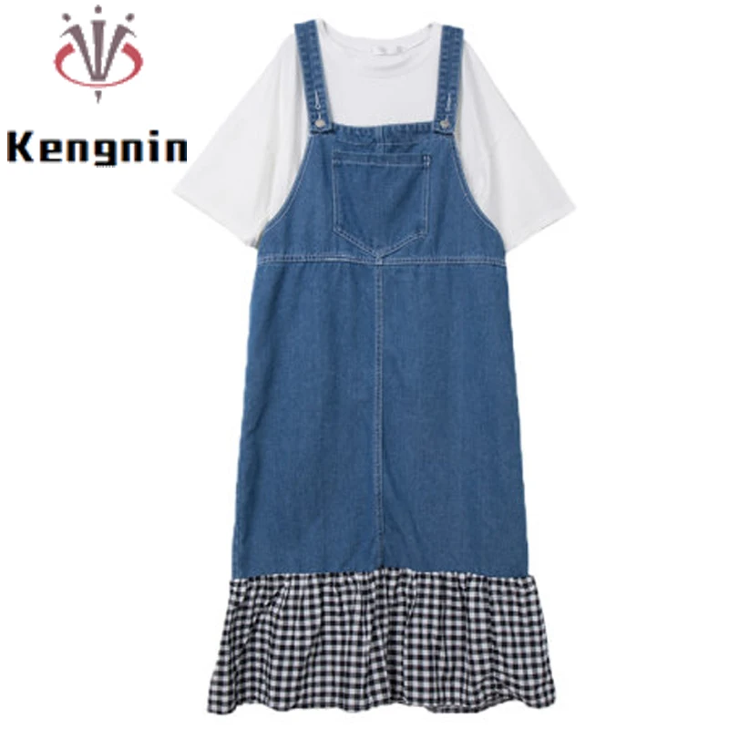 

2022 Summer Women Denim Patchwork Cotton Linen Plaid Dresses + White Tops Loose Two Piece Set Lady Suits Female Clothing KE2370
