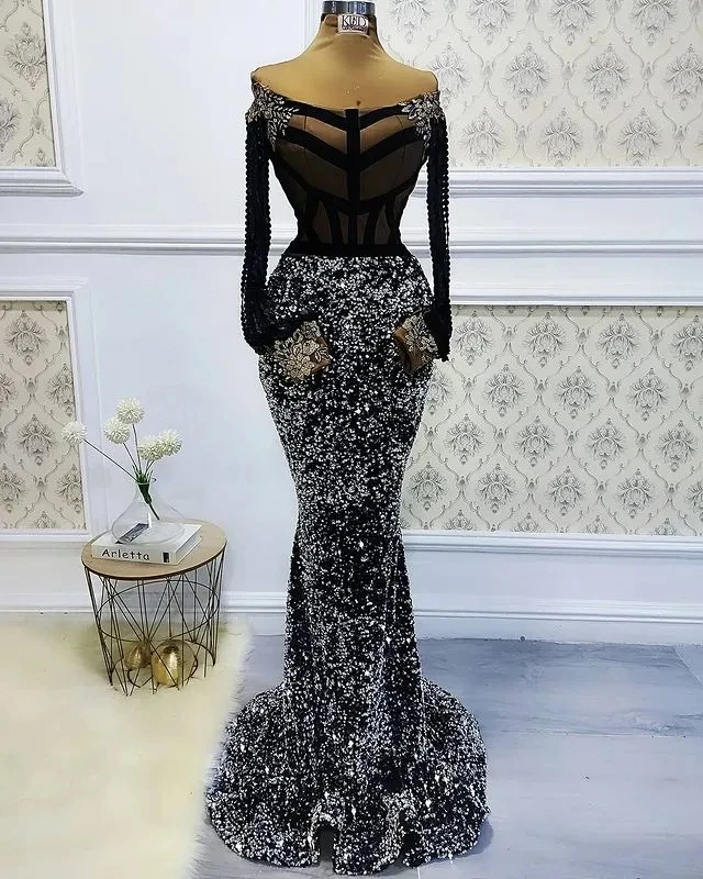 

Sparkle Aso Ebi African Evening Dresses Mermaid Long Sleeves Sequins Long Dubai Saudi Arabic Black Girls Evening Gown Prom