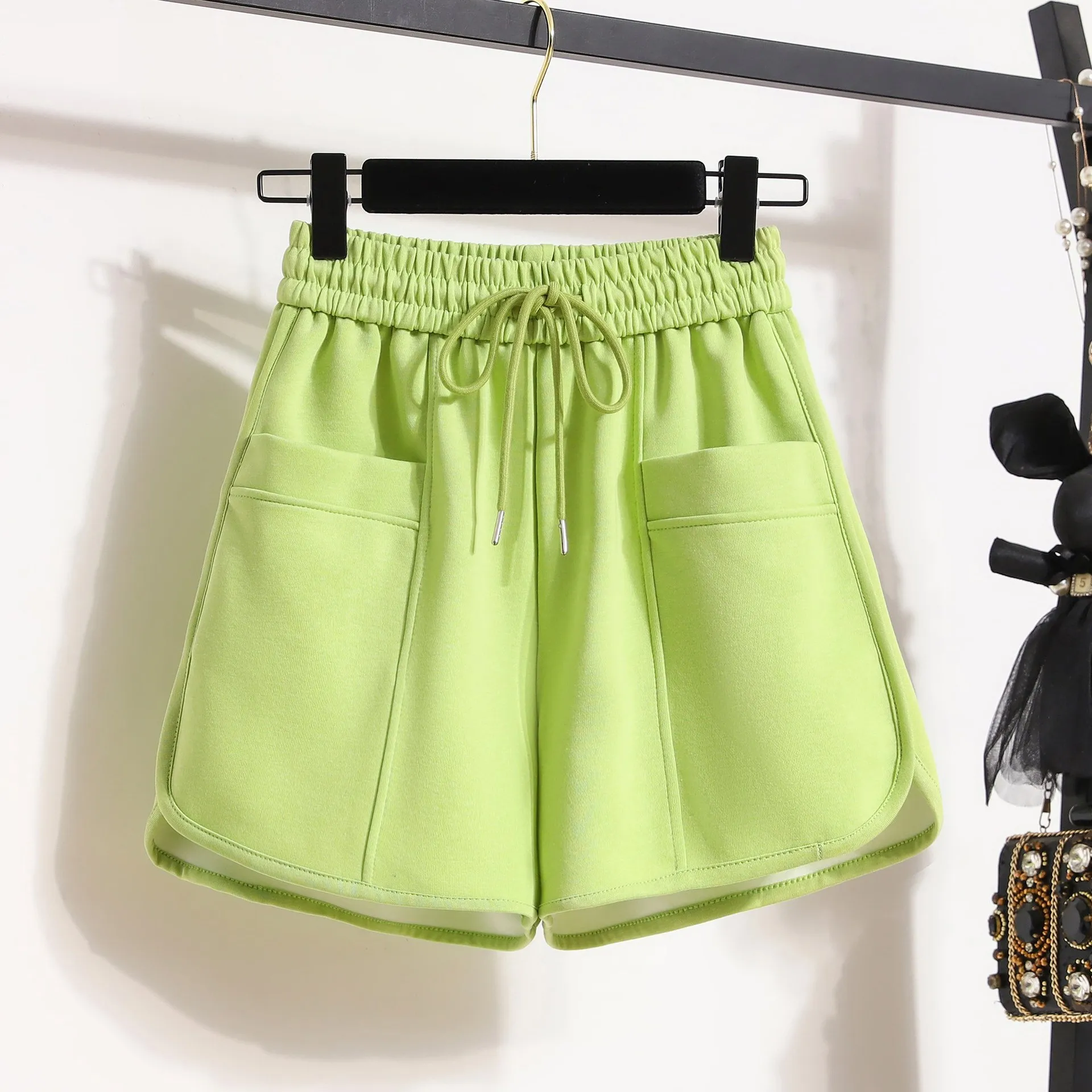 Casual Shorts Women Summer 2023 Candy Color Elastic Waist Sweatshort With Double Pokcets Korean Style Cotton Breathable Shorts