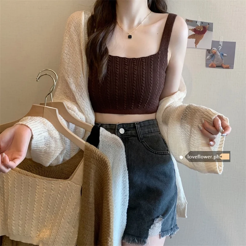 

Korean Sexy Sleeveless Low Neck Knit Cropped Tank cropped top