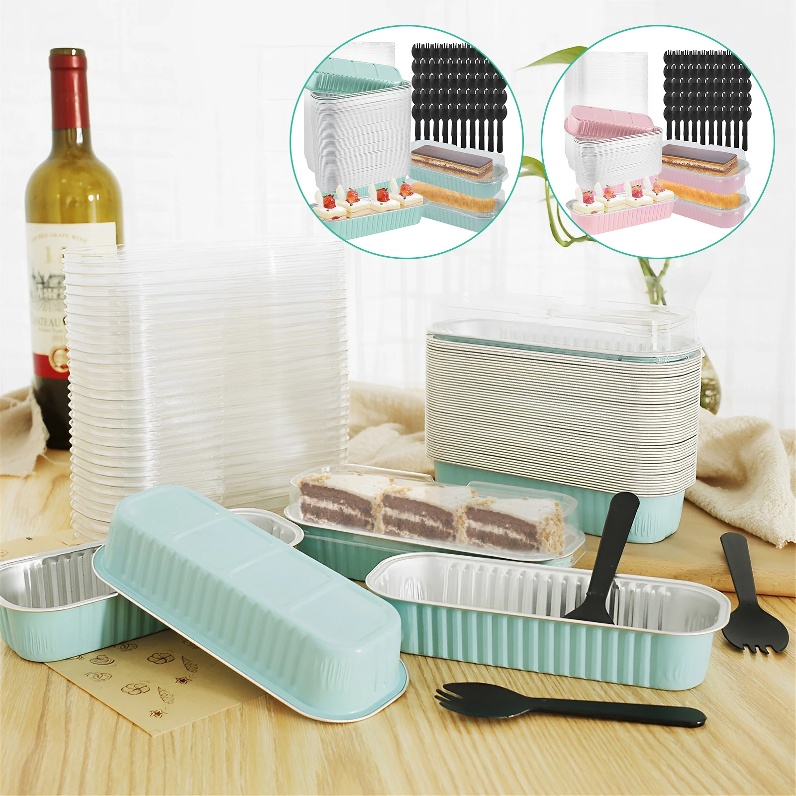 

50Pcs Mini Cake Pans Set with Lids and Fork Spoons 200ml Non-Stick Foil Rectangle Baking Cups Aluminum Foil Loaf Pans Portable