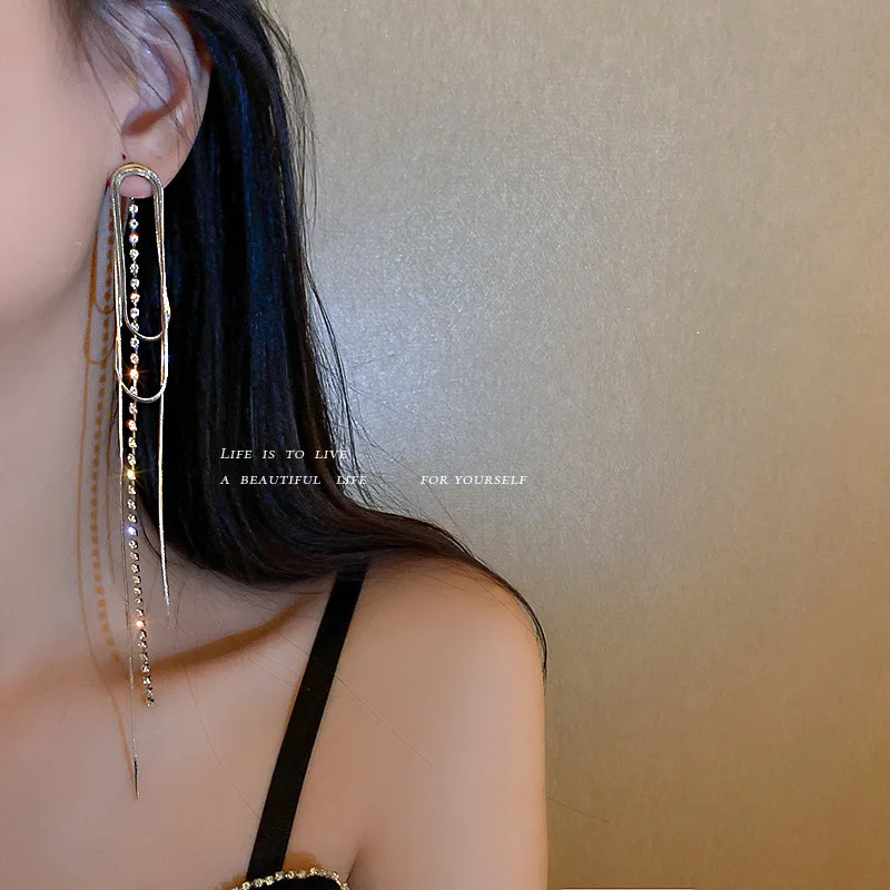 

European And American Fashion Zircon Tassel Long Earrings, Minority Design, Temperament, Shiny, Elegant, Exaggerated