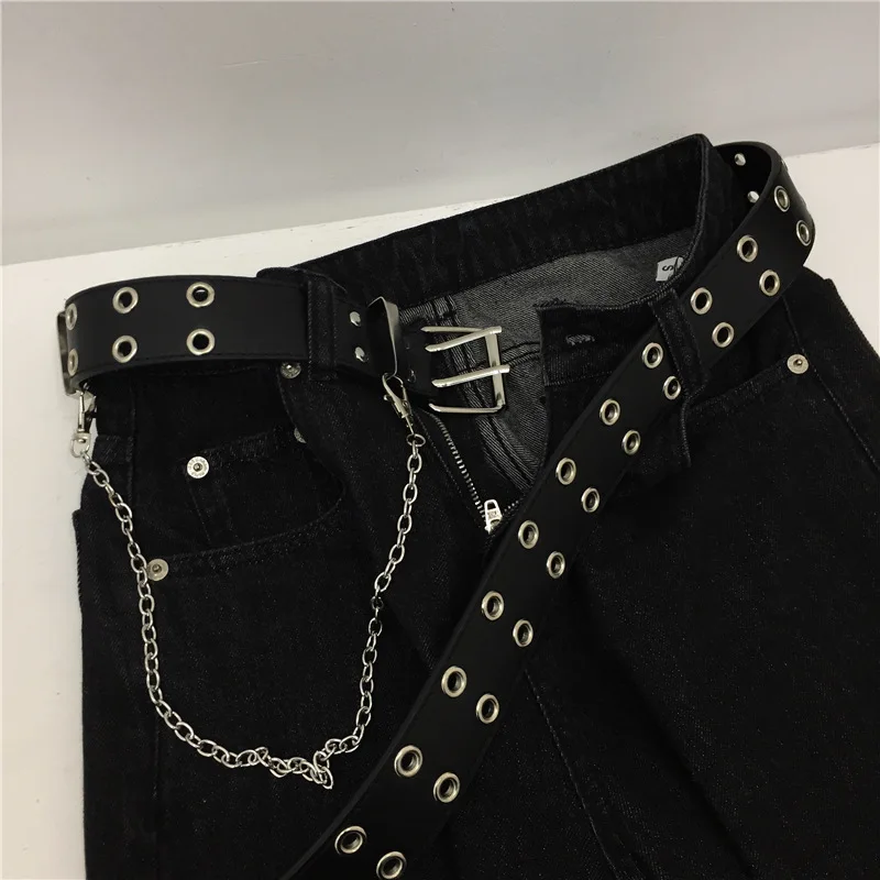 이불 Hip Hop Chain Tassel Belts Punk Studded Pin Buckle PU Belt Y2K Unisex Black Casual Jeans Pants For Women Men