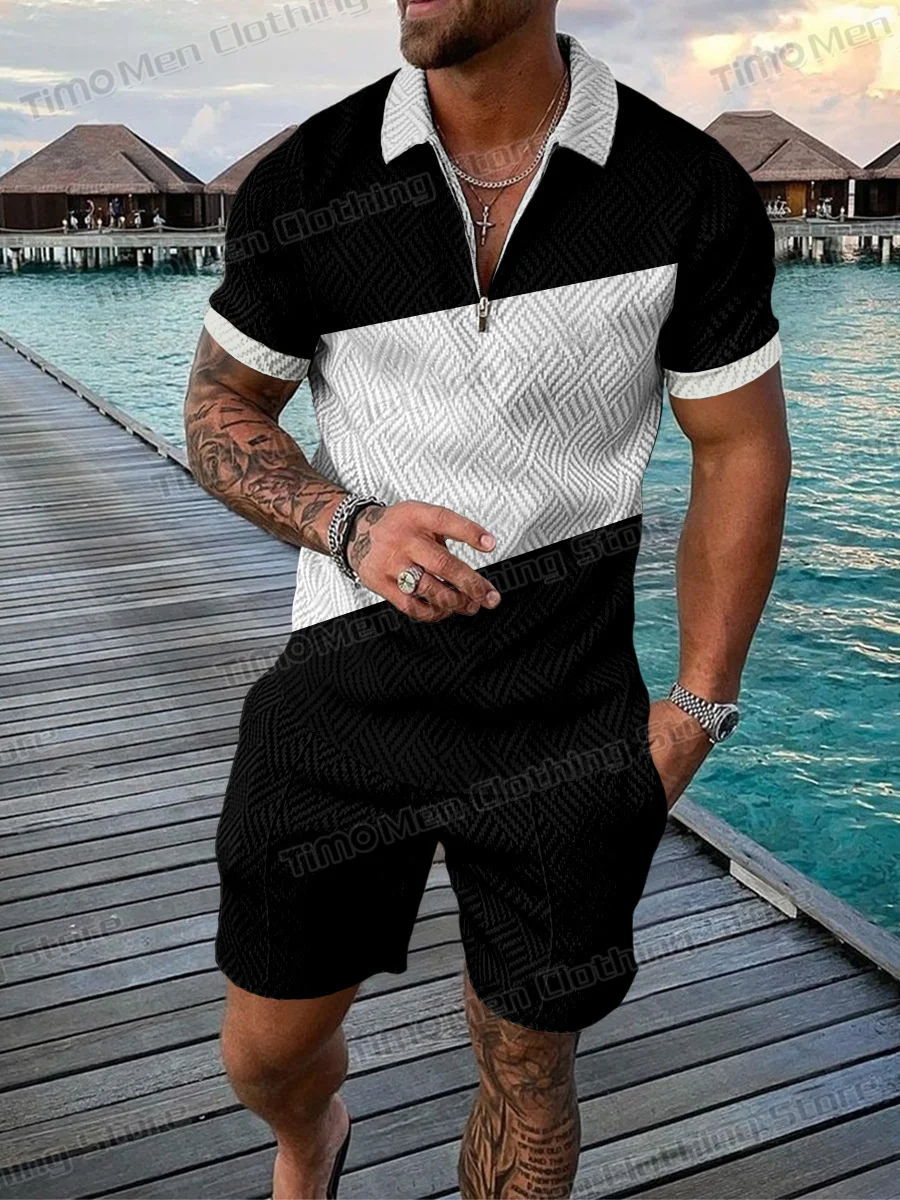 Business Casual Men's Sportswear Street Fashion Polo Shirt Suit Men High Quality Polo Neck Zippered Pullover+Shorts 2 Piece Set