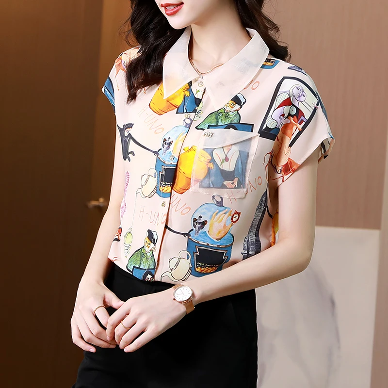 

Silk Satin Loose Women's Shirts New Fashion Blouse Cartoon Print Polo Shirt Summer Casual Short Sleeve Blusas