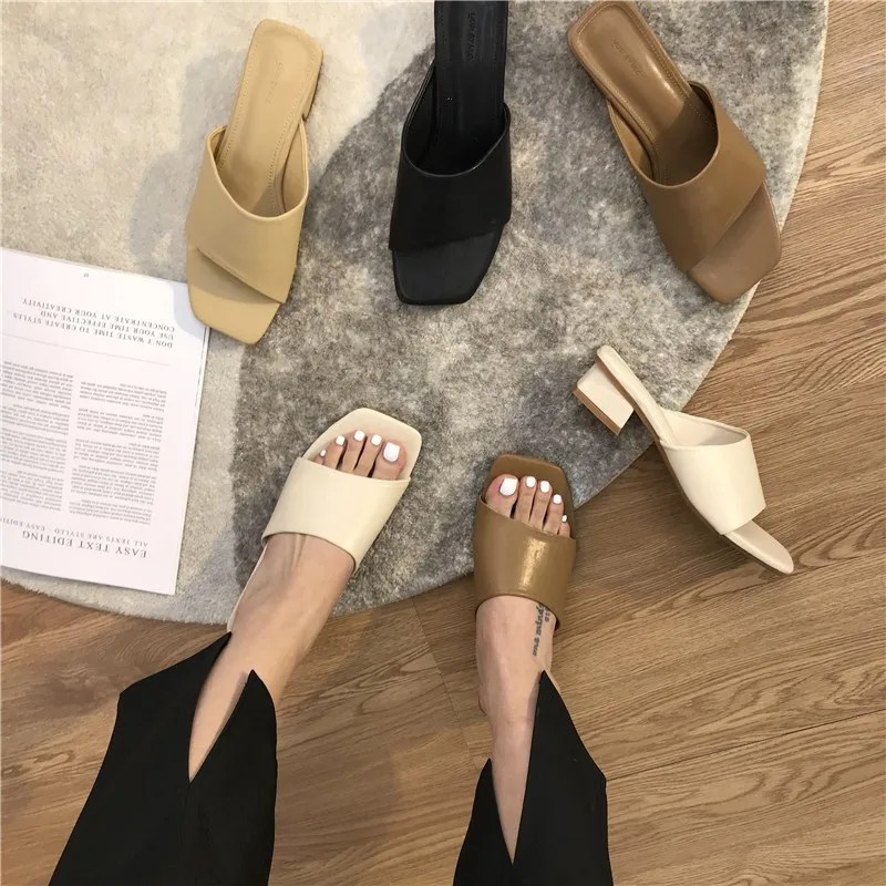 

Low Square Toe Med Big Size Female Shoes Lady Ladies' Slippers 2023 Girl Block Summer Rome Basic Hoof Heels PU Slides Fabric