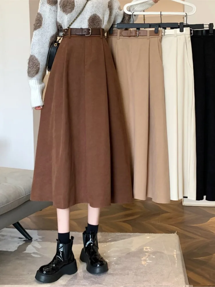 

Женская плиссированная юбка средней длины, длинная трапециевидная юбка средней длины с высокой талией в Корейском стиле, Осень-зима 2021