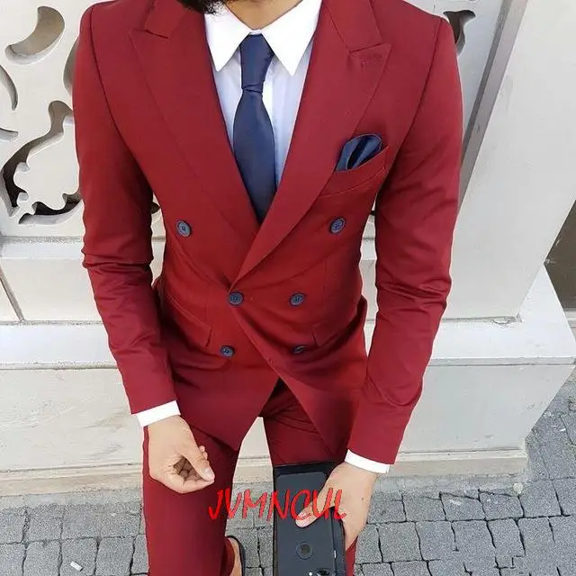 

New Arrivals Double Breasted Burgundy Mens Suits Groom Tuxedos Groomsmen Wedding Party Dinner Best Man Suits (Jacket+Pants+Tie)