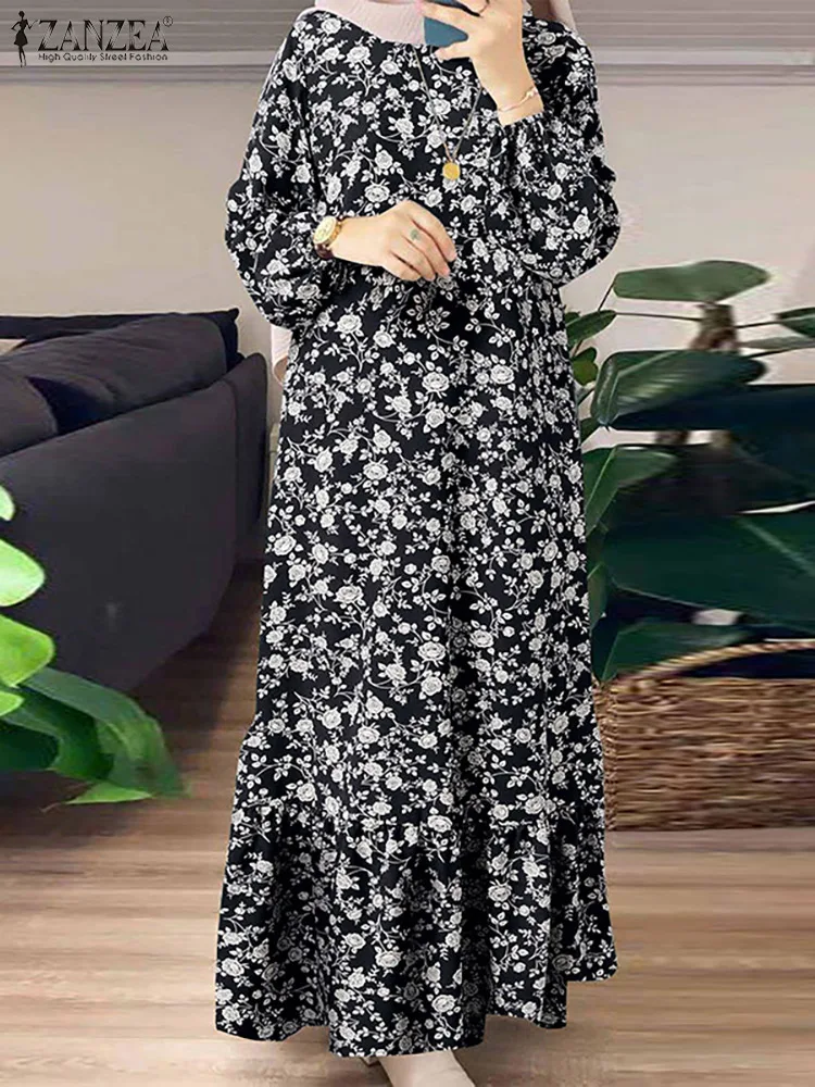 

2022 Stylish Printed Muslim Vestidos ZANZEA Elegant Long Sleeve Ruffles Islamic Clothing Women Casual Holiday Party Dresses Robe
