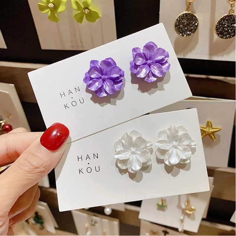 

Sweet Romantic White Purple Flower Stud Earring Cherry Blossoms Camellia Simulated Stud Earrings Fashion Women Elegant Jewelry