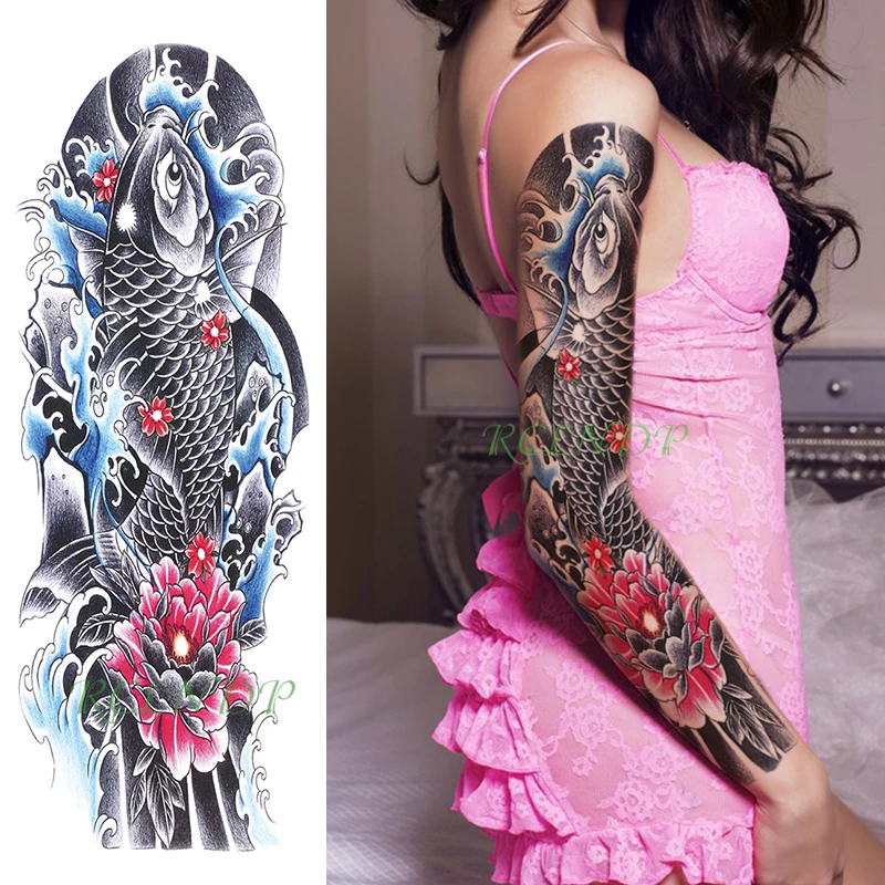 Waterproof Temporary Tattoo Sticker carp fish Japanese style water flower full arm fake tatto flash sleeve tatoo for men women