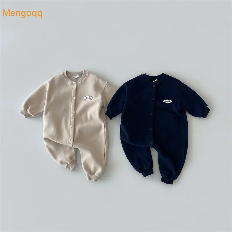 

Mengoqq Infant Girl Boys Autumn Winter New Round Neck Full-sleeved Single-breasted Letter Solid Color Casual Warm Romper 3-15M