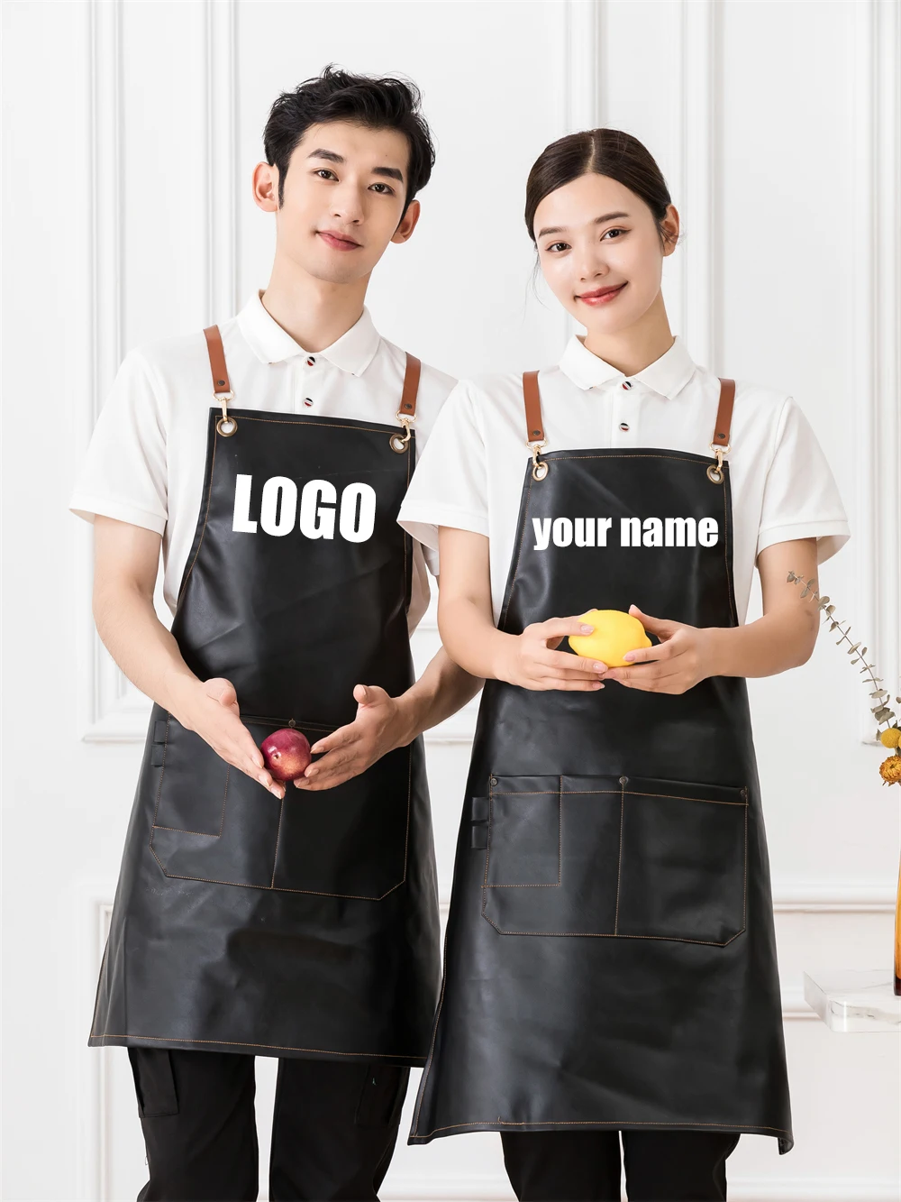 

Custom Aprons With Logo Household Kitchen Cleaning Restaurant Chef Waterproof Leather Apron Butcher Barbecue Oil Proof Tools
