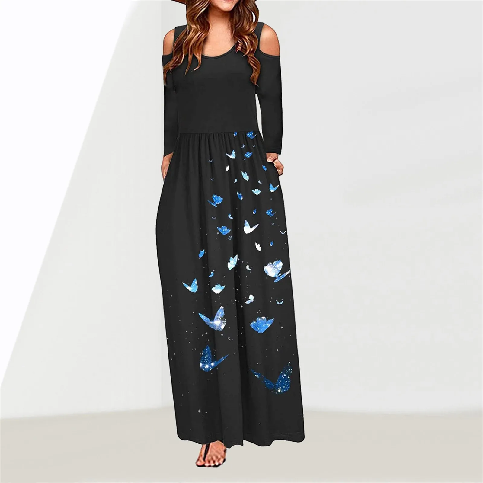 Women's Boho Printed Black Maxi Dress Long-Sleeved Cold Shoulder Casual Straps Sling Evening Party Dress Mujer Vestidos T96