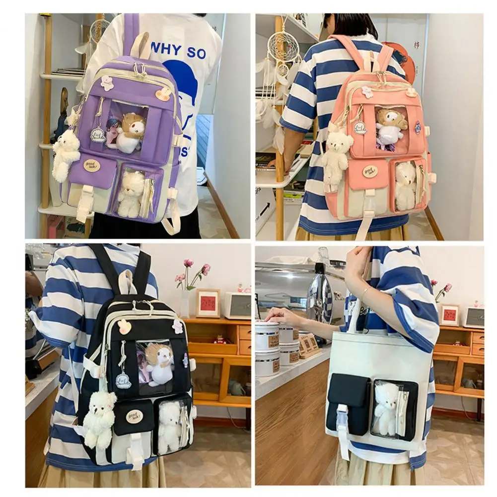 

Female 5Pcs/Set Popular Portable Smooth Zipper Bookbag Handbag Lightweight Student Backpack Fine Stitching for Vacation