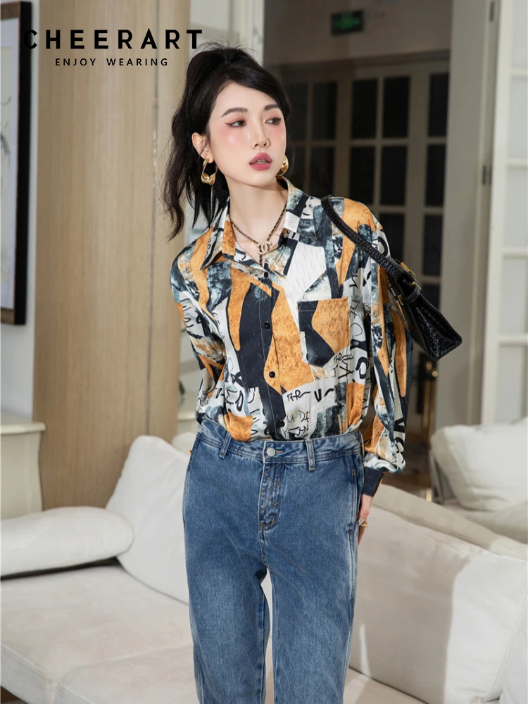 

CHEERART Vintage Baggy Button Up Shirt For Women Colorblock Long Sleeve Top And Blouse Fall 2022 Collared Shirt Clothing