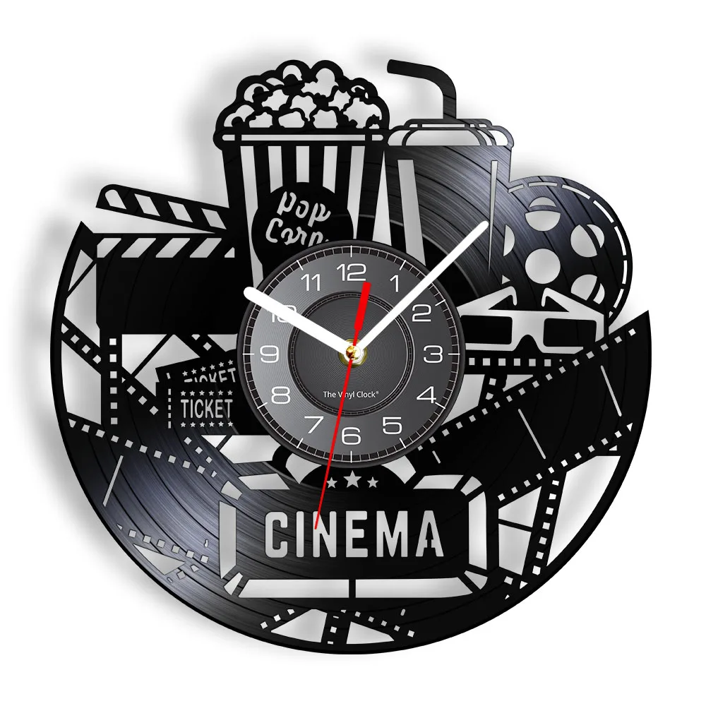 

Cinema Production Clock Movie Theater Sign Popcorn Vinyl Record Wall Clock Watching Film Vintage Wall Decor Movies Lovers Gift