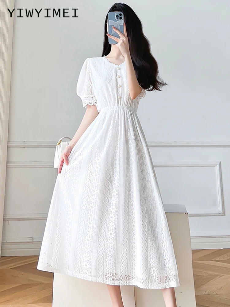 

Vintage Elegant Women Summer Lace White Hollow Out Midi Long Dresses Lady Boho A Line Vestidos Elbise Frocks Vestidos Za