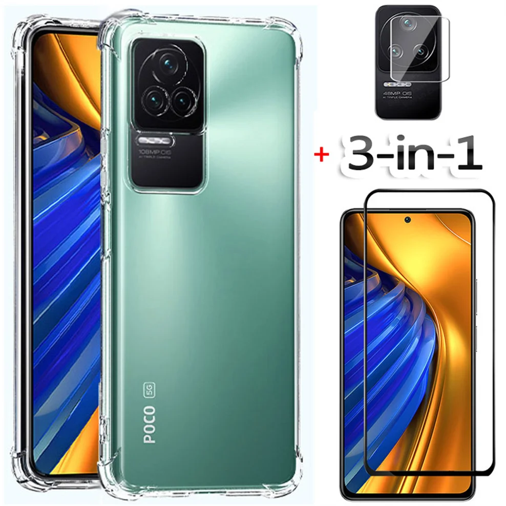 

3-in-1, glass + case for poco-f4 soft clear shockproof silicone phone cases pocophone f4 gt xiaomi poco f4 cover poco f4 5g case