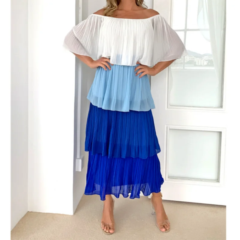 

2021 Patchwork Chiffon Dress Women Elegant Off Sleeve Ruffled Summer Beach Vestidos Cake Dresses Female Vintage Long Party Dress
