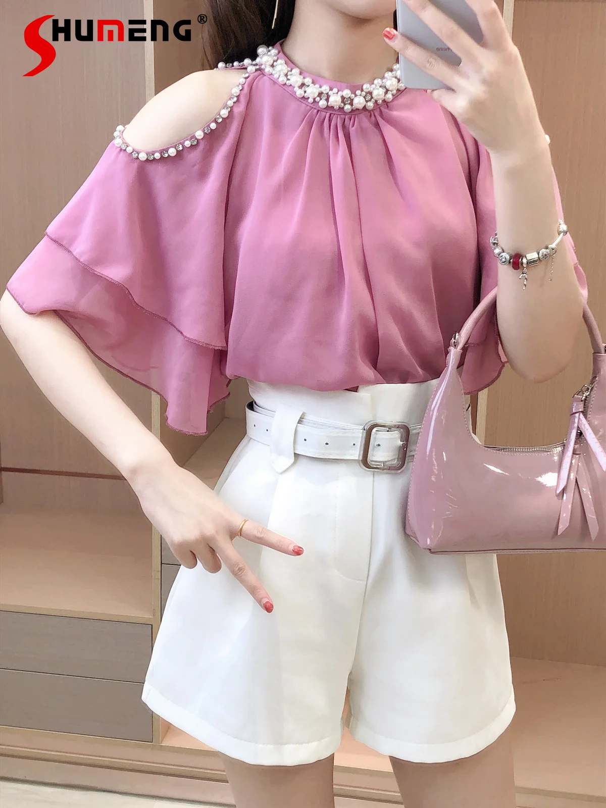 

Shorts Sets 2022 Summer New Women's Sweet Rhinestone Beaded Off-Shoulder Ruffle Sleeve Top and High Waist Shorts Two-Piece Set