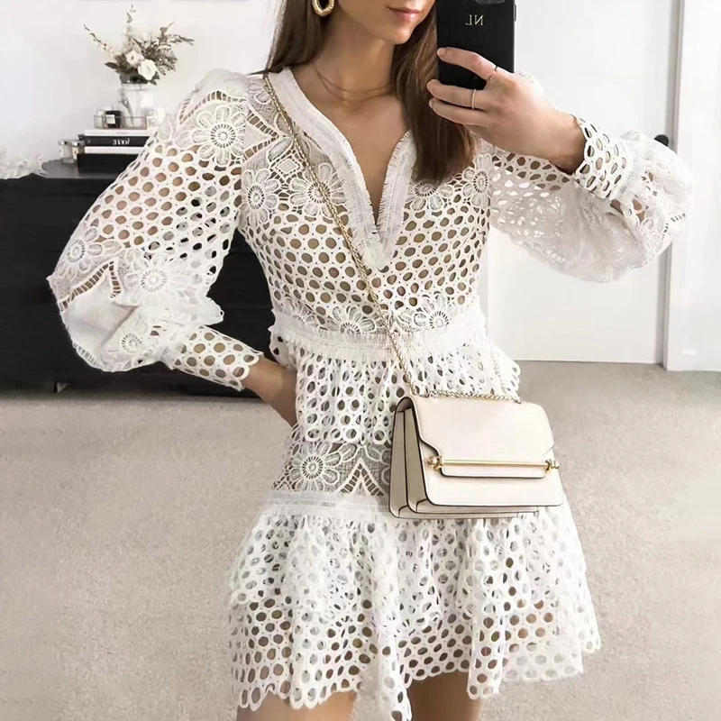 Sexy Embroidery Lace Hollow Out Jacquard Dress Spring Lantern Long Sleeve Pleated Party Dress Women V Neck A-Line Summer Dresses