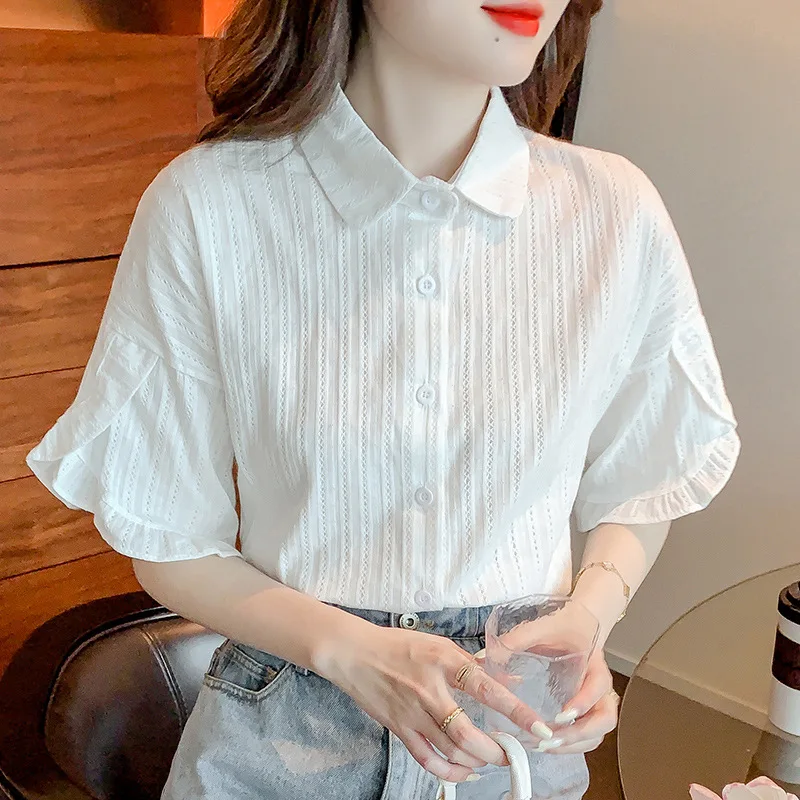 

White Elegant Patchwork Short Ruffle Sleeve Blouses Summer Women 2023 Button Up Collared Striped Sweet Office Female Shirts TopS