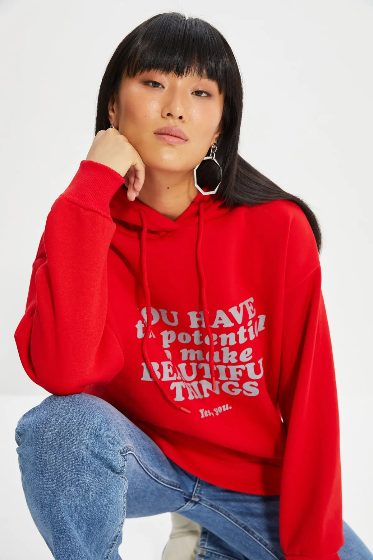 Trendyol Printed Hooded Loose Mould Knitted Sweatshirt TWOAW22SW1067