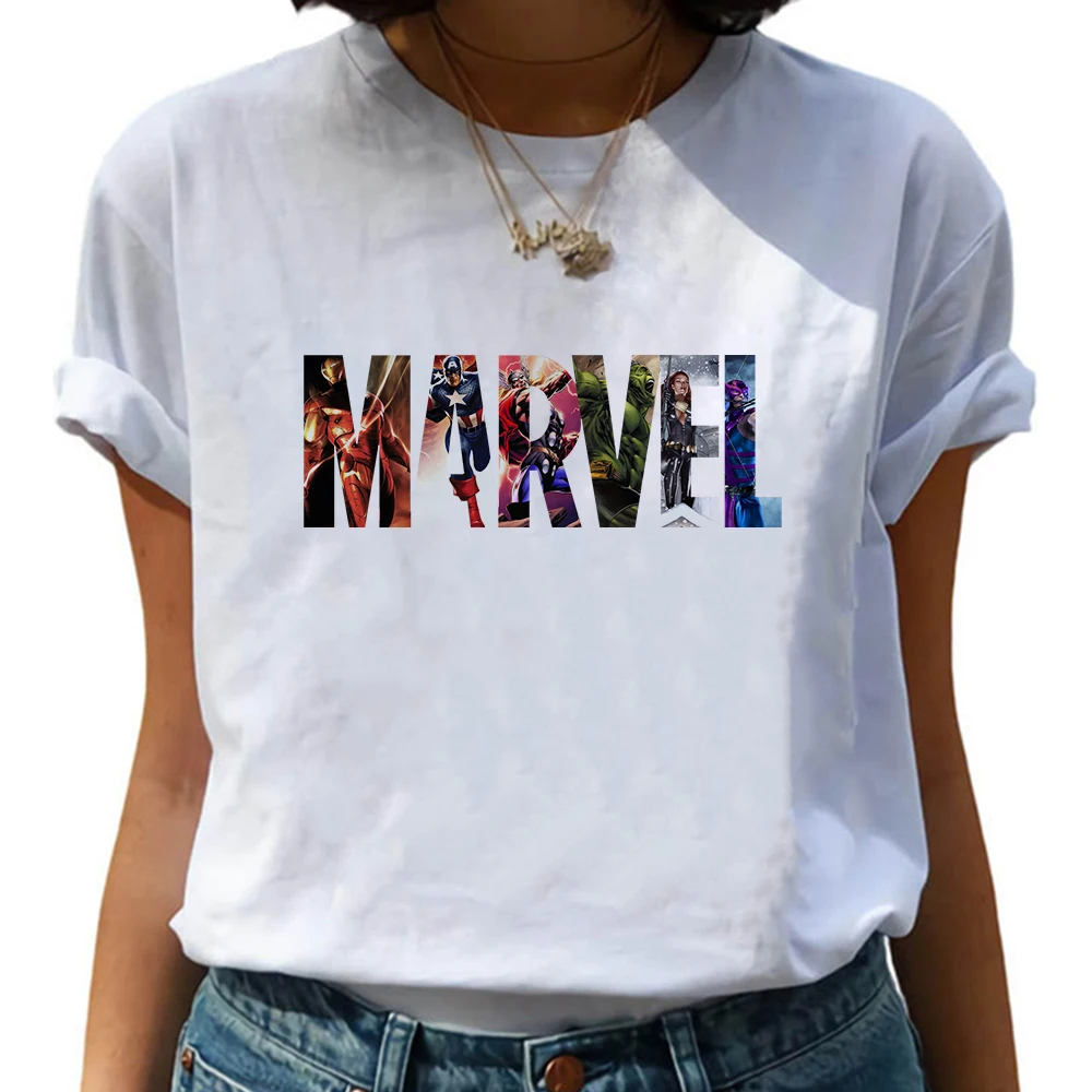 

MARVEL Letter Print T Shirt Women Short Sleeve O-Neck Loose Tshirt Summer Ladies Tee Unisex Tops Clothes Mujer