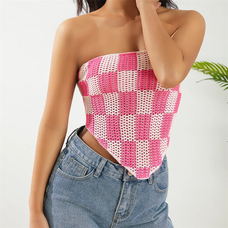 

Женский вязаный бандажный уличный Топ без бретелек, клетчатый Асимметричный летний дамский жилет на шнуровке с открытой спиной для клувече...