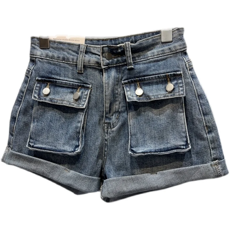 2023 Summer New Large Pocket Flanging Trousers American Style Loose Workwear Denim Shorts