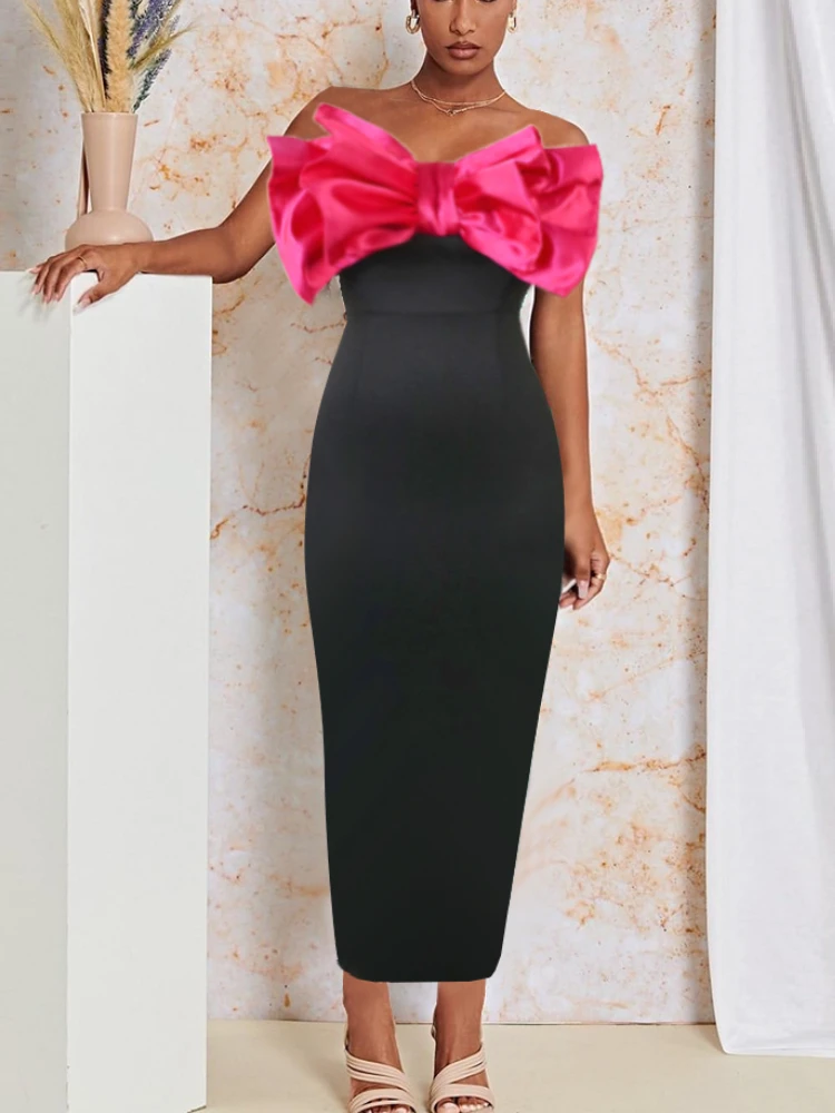

Elegant Women Maxi Formal Party Dresses Tube Top with Bow Contrast Black Bodycon Even Gowns Wedding Guest Robes Big Size 3XL 4XL