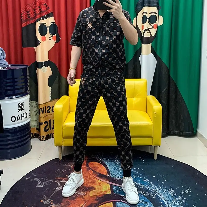 Men's Ice Silk Casual Print Suit Summer New Fashion Trend Zipper Stand-Up Collar Cardigan Top Trousers Two-Piece Set