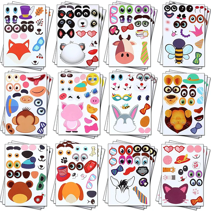 

24Sheets Children DIY Puzzle Sticker Games 12 Animals Face Funny Assemble Jigsaw Stickers Kids Educational Toys Boys Girls Gifts