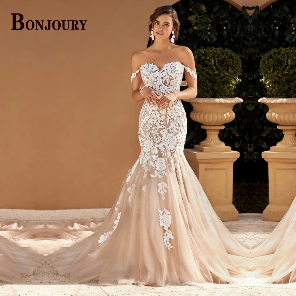 

BONJOURY Glamorous 2023 Mermaid Wedding Dresses For Women Bride Appliques Buttons Pleated Strapless Robe De Mariée Customized