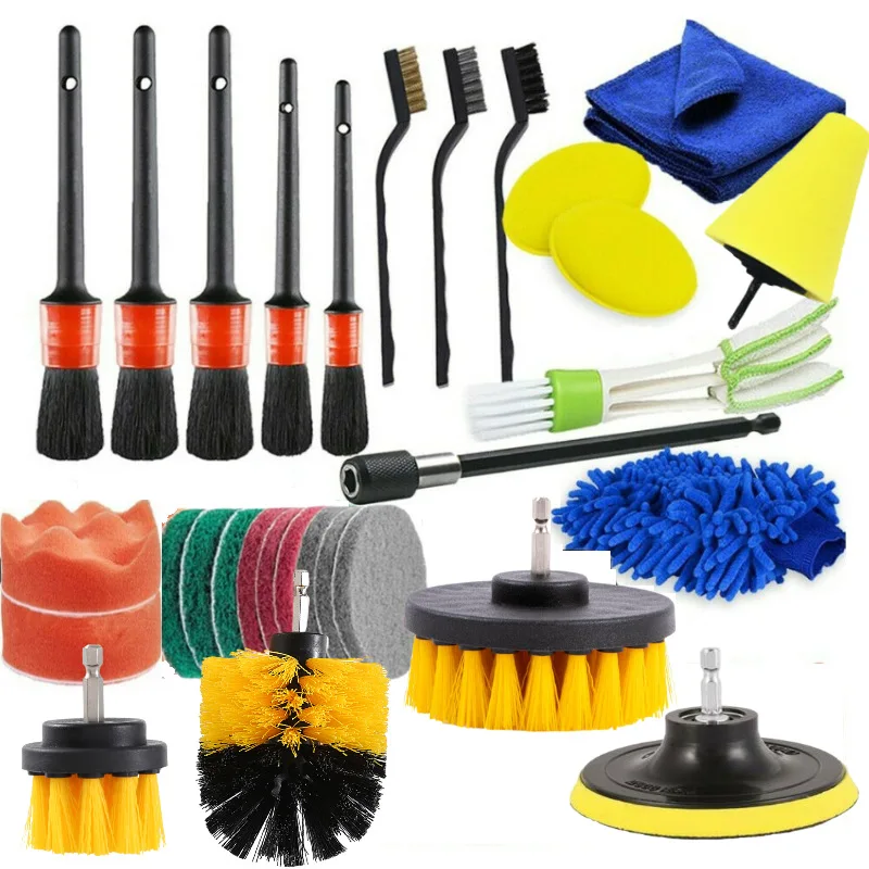 30pcs Drill Brush Attachments Set Sponge Pads Power Scrubber Brush Car Polishing Pad Kit Air Outlet Brush Cleaning Tools