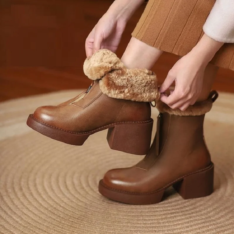 

NEW Winter Shoes Women Split Leather Boots Women Round Toe Chunky Boots Warm Plush Boots Fashion Snow Boots Women Platform Boots